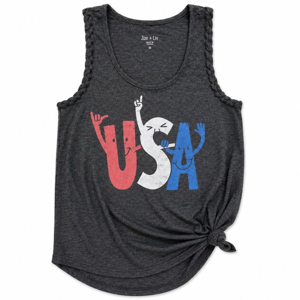 Zoe + Liv USA Graphic Tank Top Medium Gray Patriotic Americana Braided